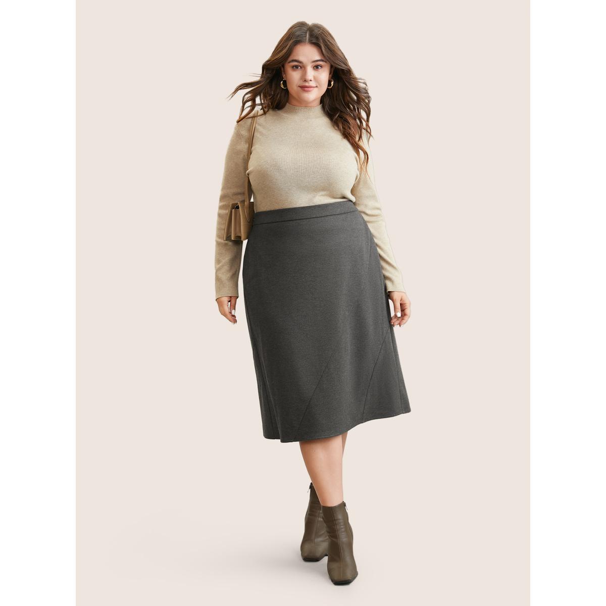 Plus Size Plain Heather Brushed Elastic Waist A Line Skirt Women DimGray Office A-line Low stretch Work Skirts BloomChic 18-20/2X Product Image