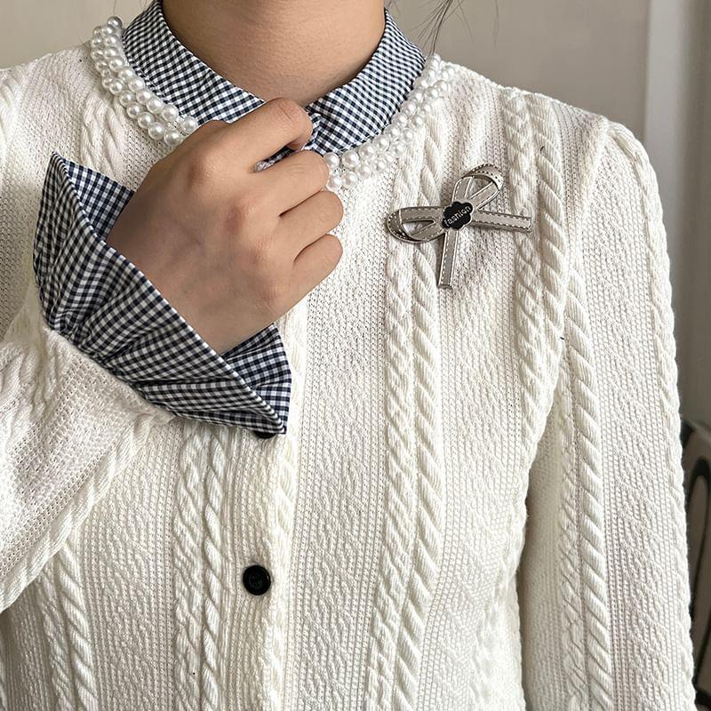 Stand Collar Mock Two-Piece Gingham Panel Bow Accent Button-Up Crop Cardigan Product Image