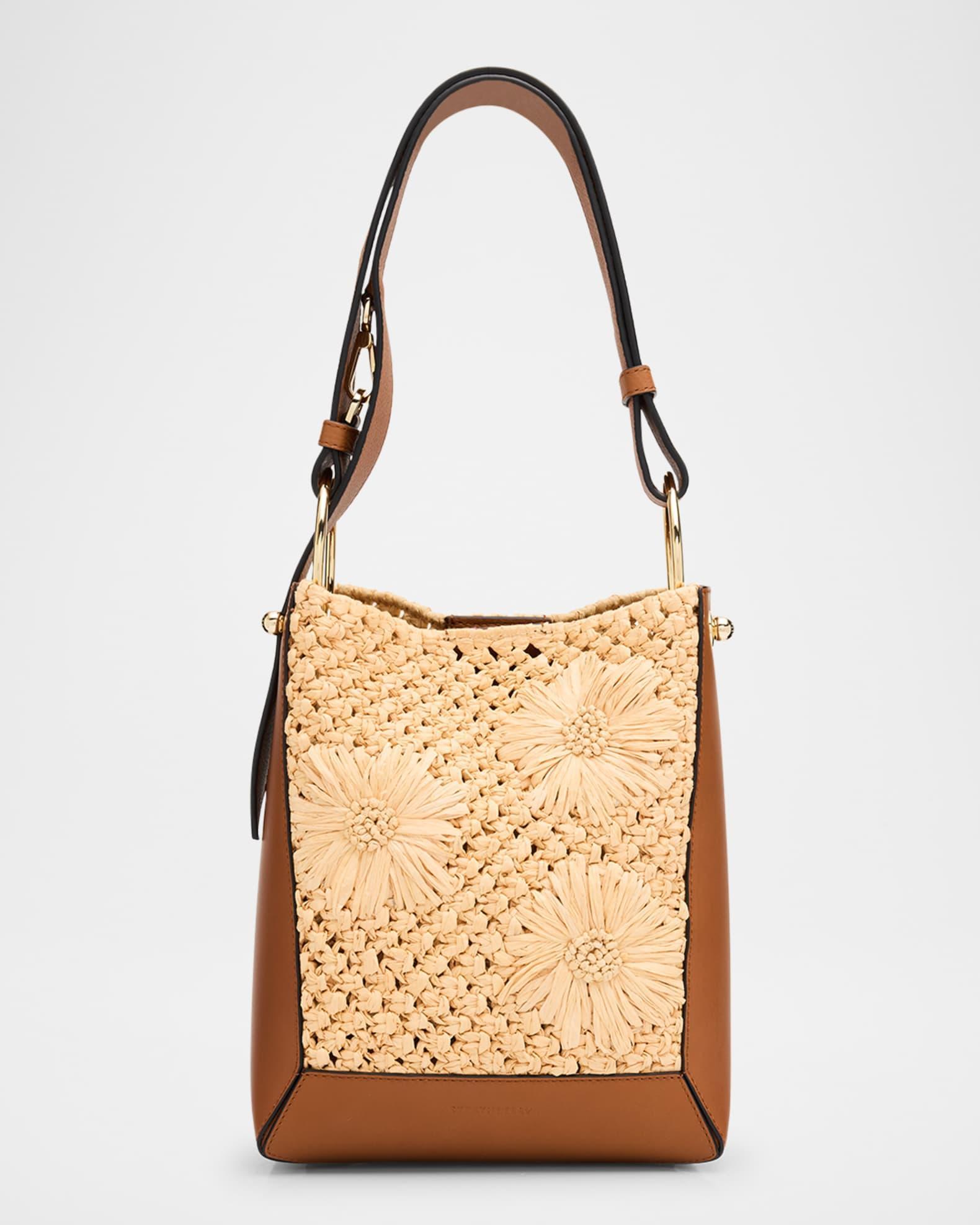 Lana Leather & Floral Raffia Midi Bucket Bag Product Image