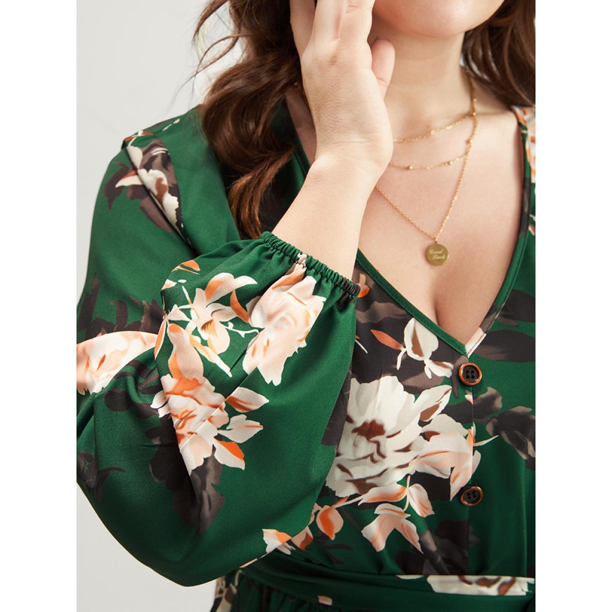 Plus Size Floral Print Lantern Sleeve Button Detail Pocket Belted Dress Moss Women Elegant Elastic Waist V-neck Long Sleeve Curvy Midi Dress BloomChic 18-20/2X Product Image