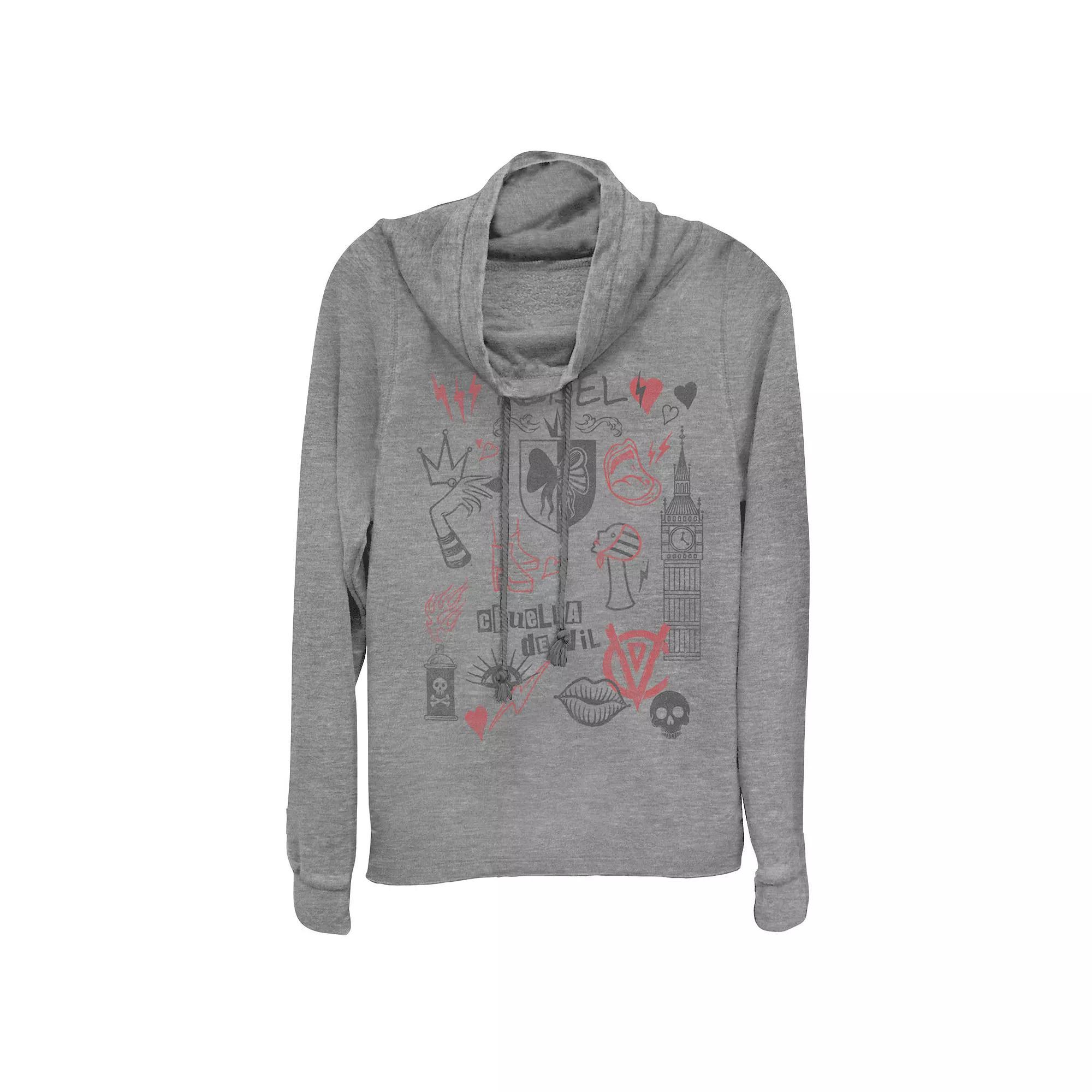 Disney's Cruella Juniors' Rebel Fashion Sketches Cowlneck Graphic Lightweight Long Sleeve, Girl's, Size: Medium, Gray Grey Product Image