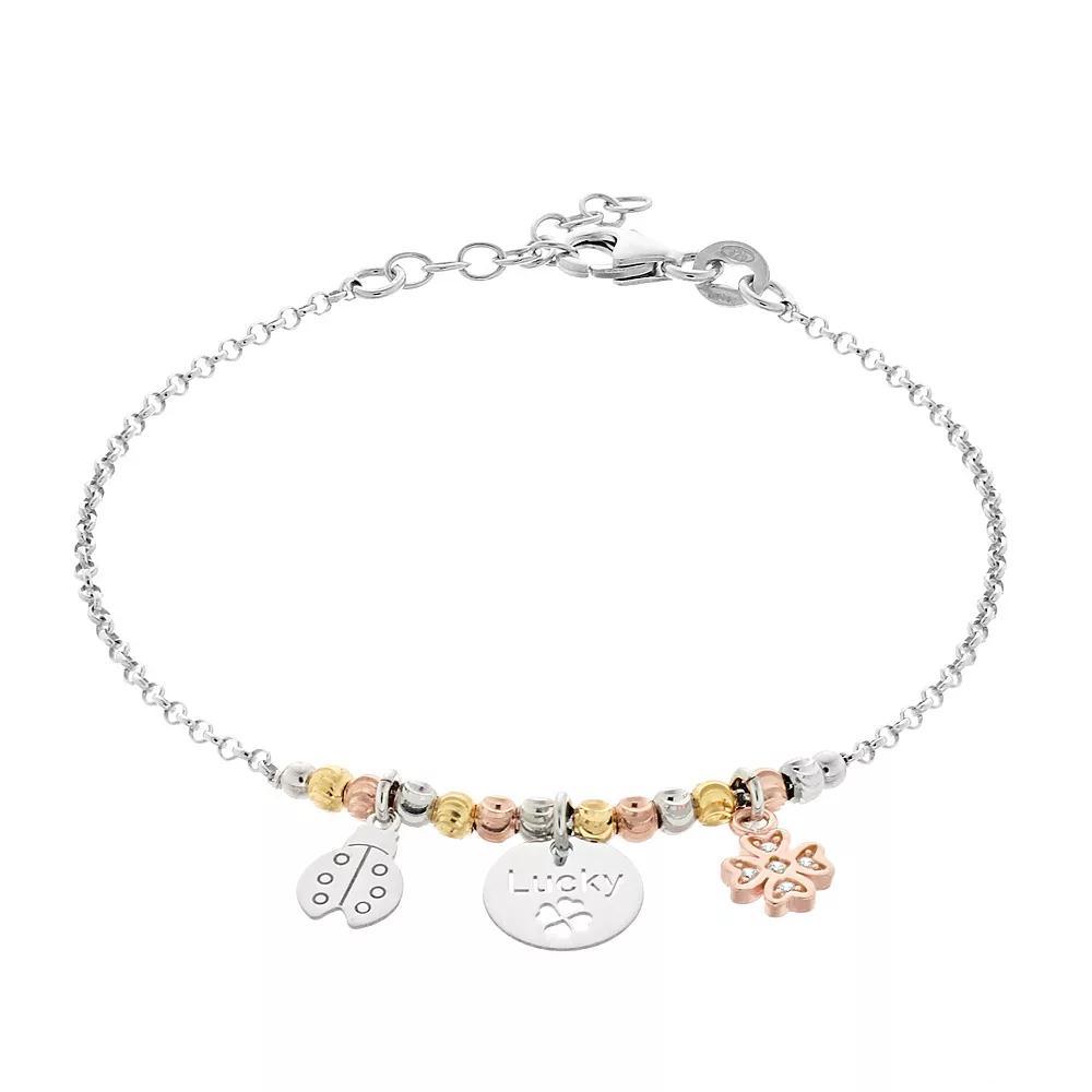 Tri Tone Sterling Silver Cubic Zirconia Clover & Ladybug Charm Bracelet, Women's, Size: 7-8" ADJ Product Image