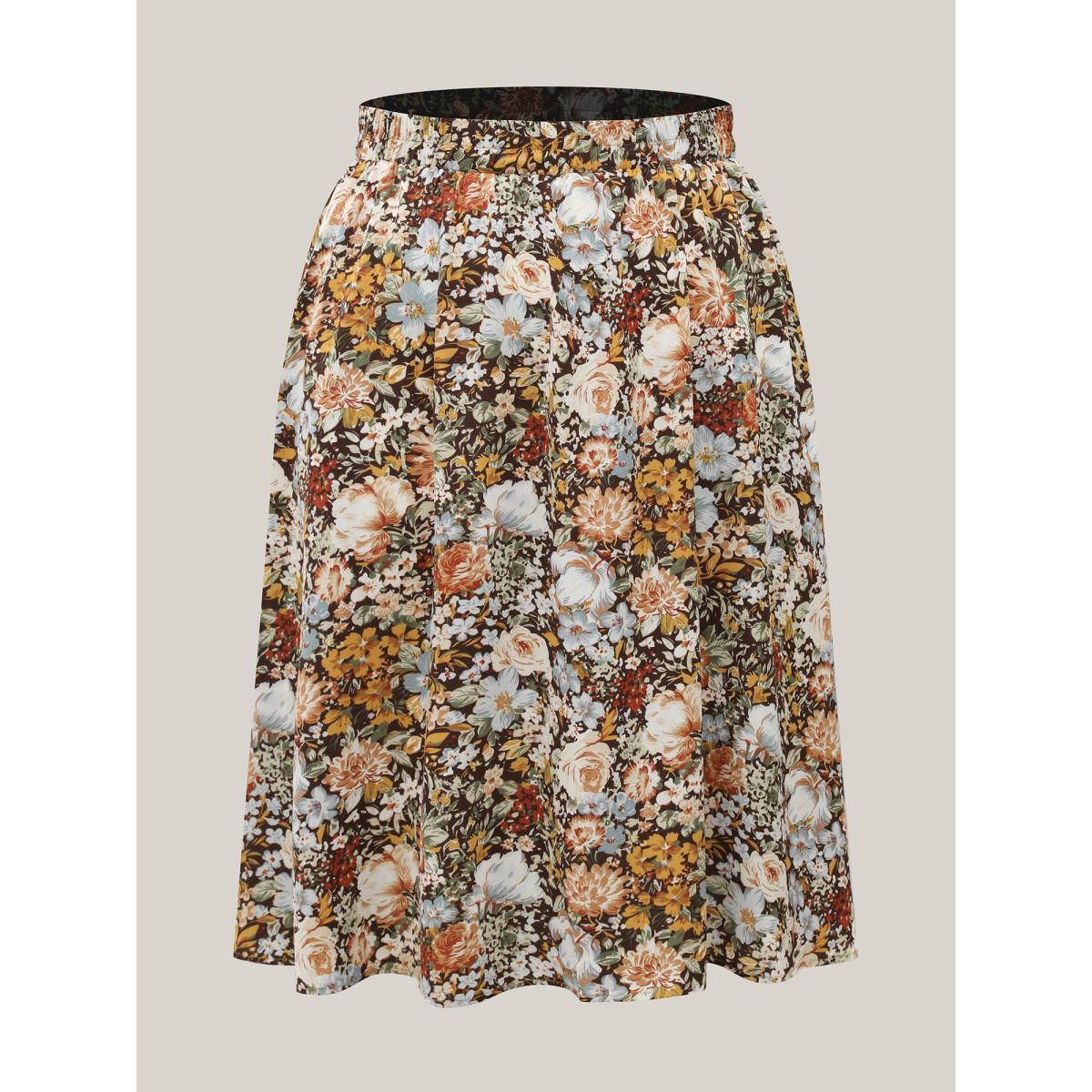 Plus Size Floral Print Stretchy-Waist Midi Skirt Women Multicolor Elegant Contrast No stretch Side seam pocket Everyday Skirts BloomChic 12/L Product Image