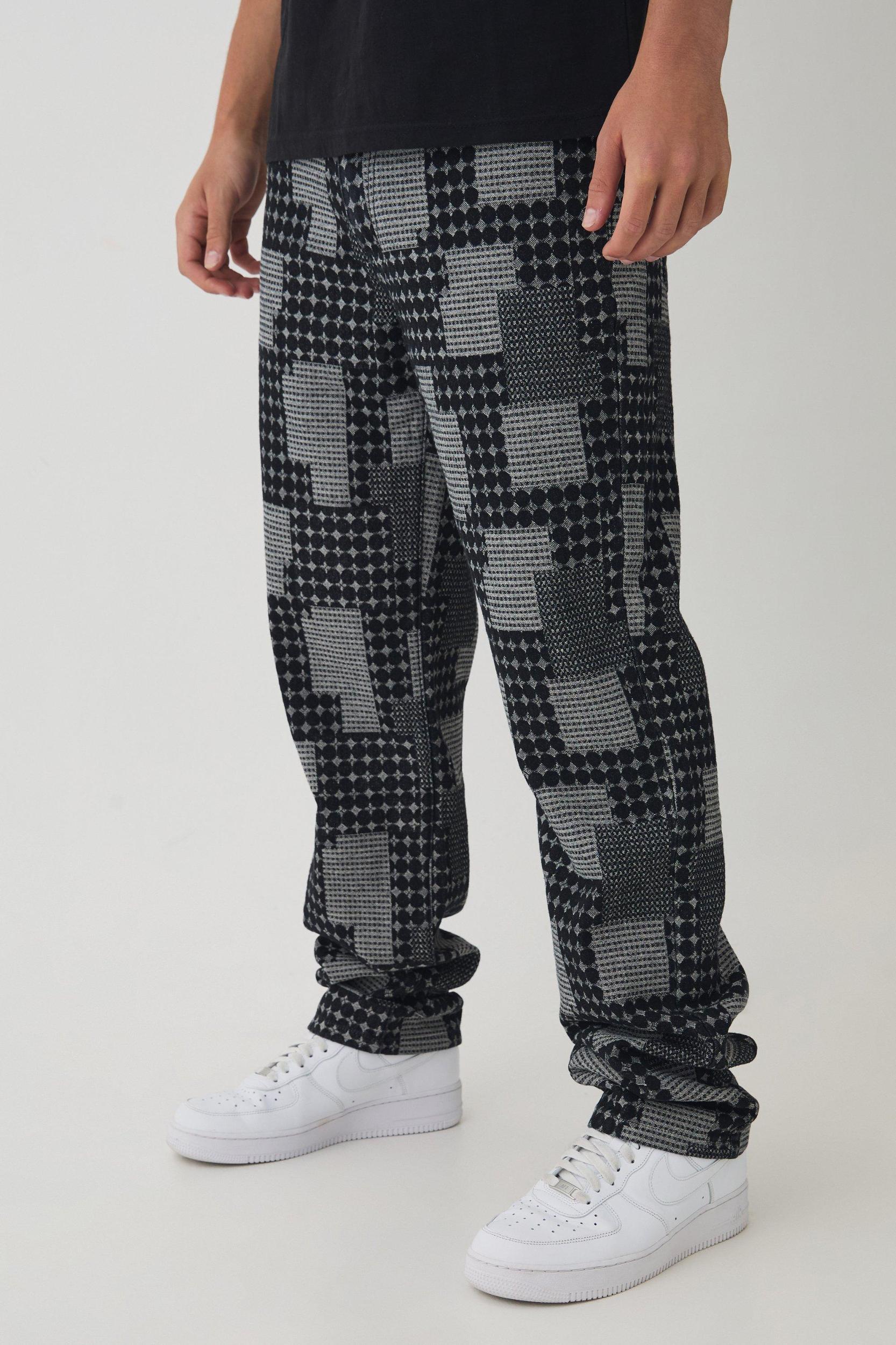 Relaxed Fit Checkerboard Jacquard Cuffed Hem Jeans | boohooMAN USA Product Image