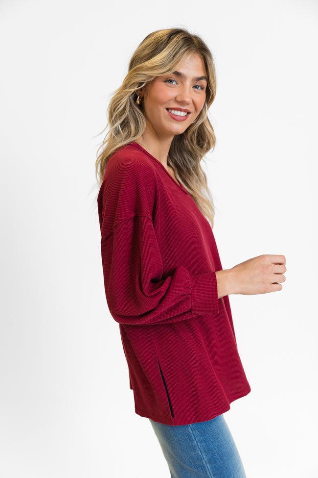 Sending Love Burgundy Oversized Waffle V-Neck Top FINAL SALE Product Image