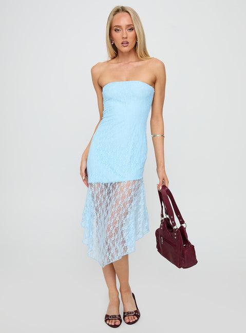 Nonchalant Strapless Lace Midi Dress Blue Product Image