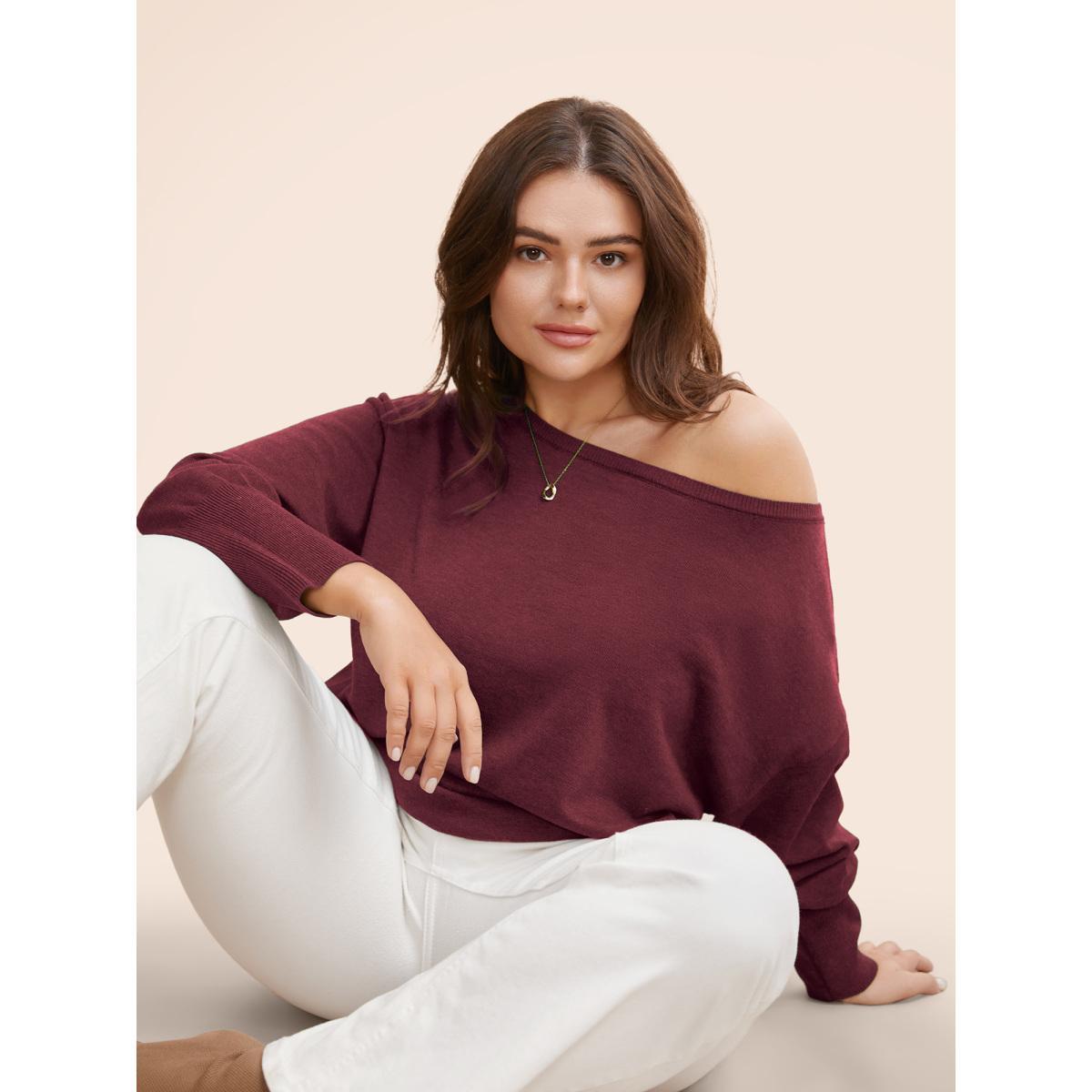 Plus Size Supersoft Essentials Boat Neck Drop Shoulder Pullover Deepred Women Elegant Long Sleeve Boat Neck Everyday Pullovers BloomChic 18-20/2X Product Image