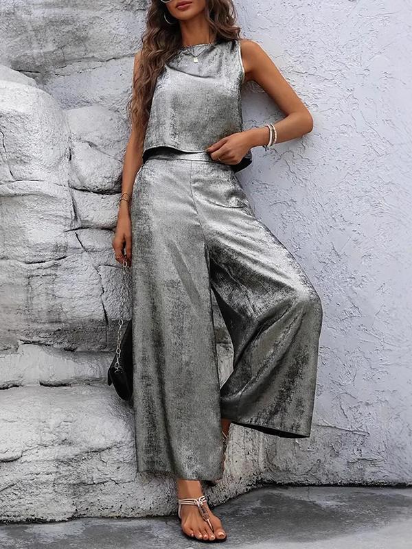 Loose Sleeveless Hollow Shiny Split-Joint Round-Neck Two Pieces Set Product Image
