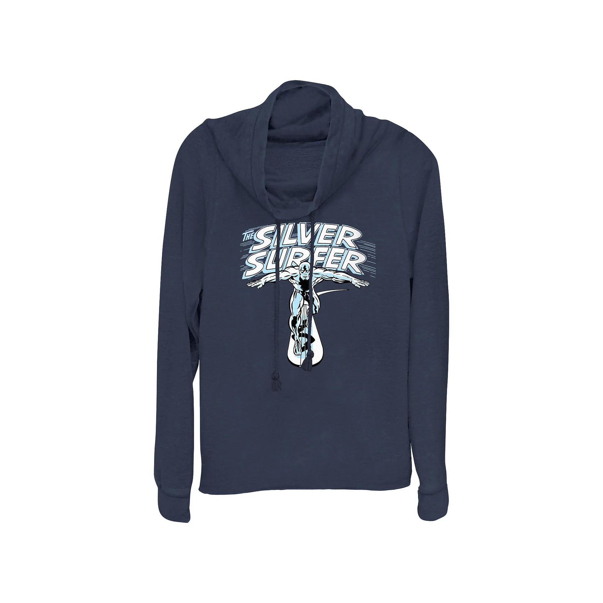 Plus Size Marvel Fantastic Four The Silver Surfer Poster Cowlneck Graphic Lightweight Long Sleeve, Women's, Size: 1XL, Blue Product Image