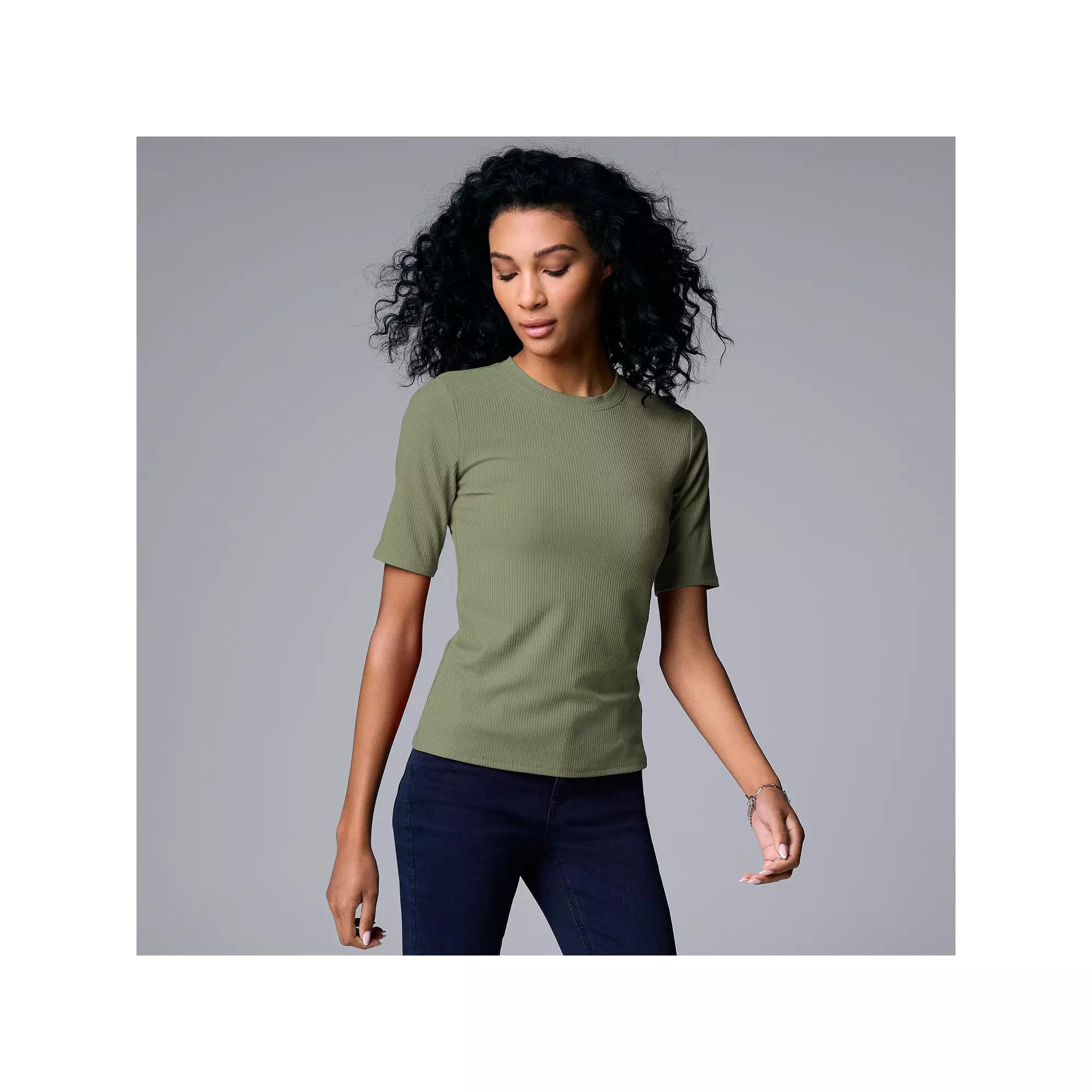 Women's Simply Vera Vera Wang Ribbed Fitted Elbow Sleeve Tee, Size: Small, Autumn Fern Product Image