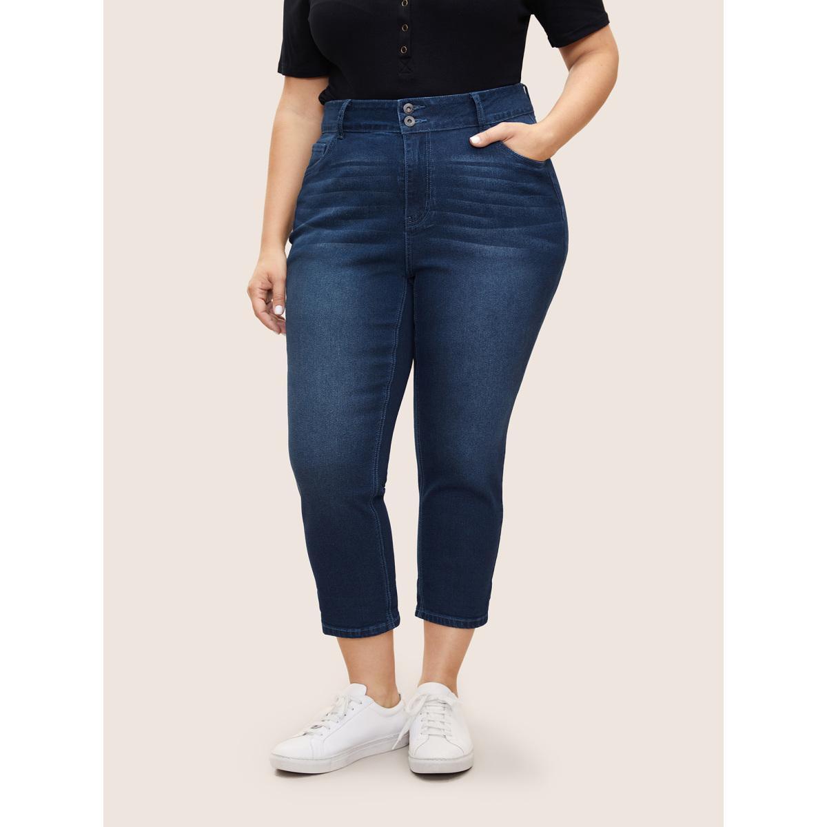 Plus Size Bodycon Roll Hem Medium Wash Jeans Women Blue Casual Plain Non High stretch Slanted pocket Jeans BloomChic 30/6X Product Image