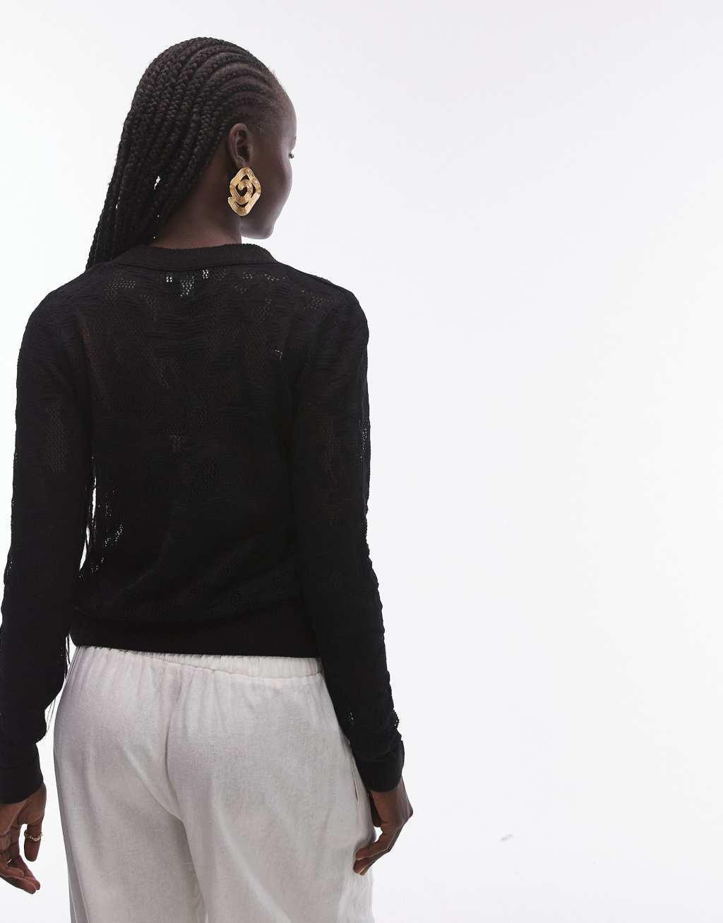 Topshop knitted floral pointelle sheer cardi in black  Product Image