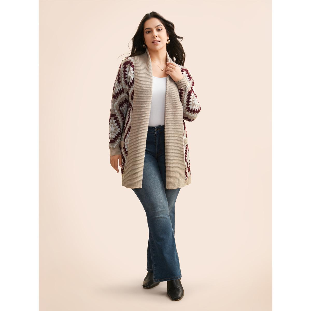 Plus Size Bandana Geometric Lapel Collar Cardigan LightBrown Women Casual Loose Long Sleeve Everyday Cardigans BloomChic 30/6X Product Image