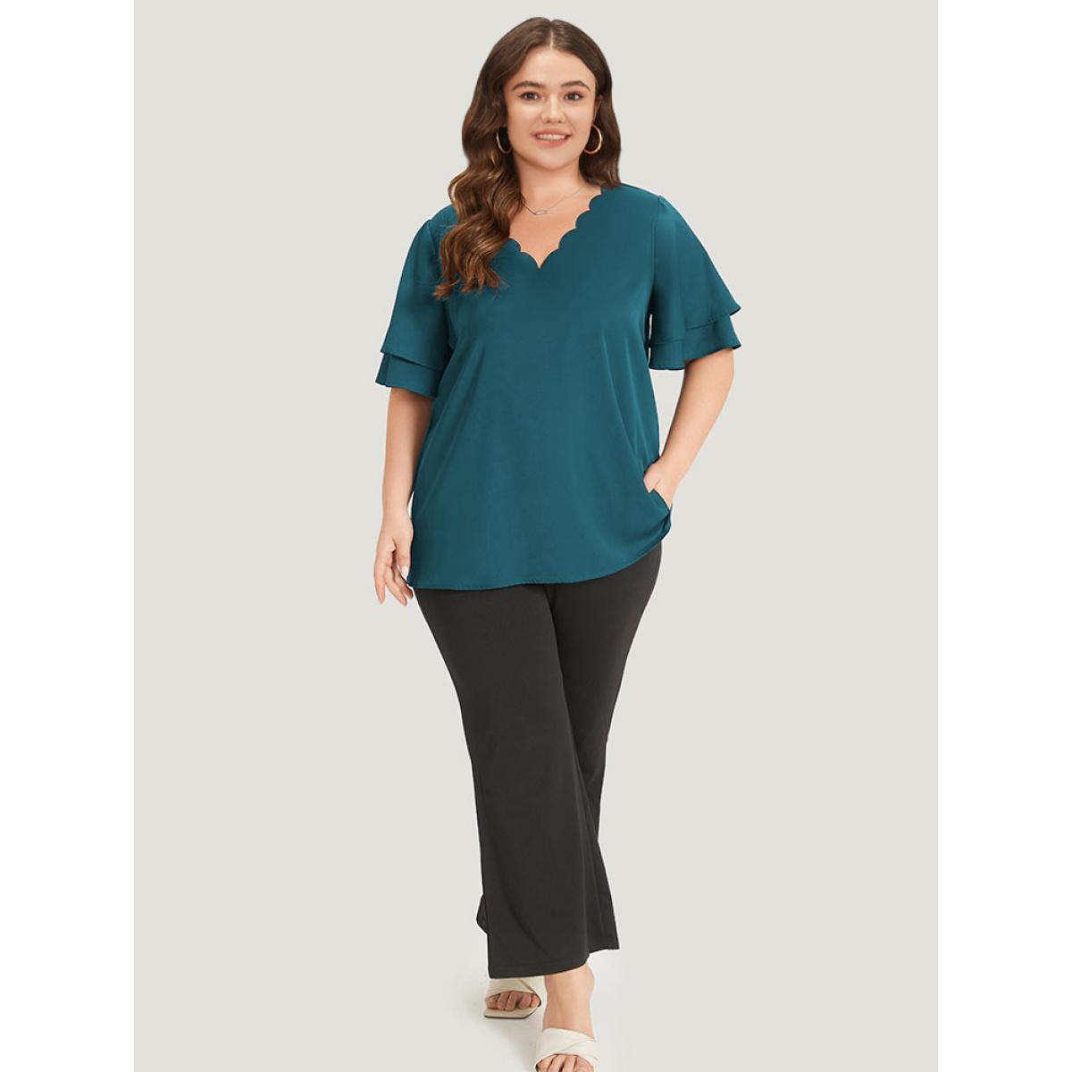 Plus Size Scarlet Plain Curved Trim Flutter Sleeve Layered Blouse Women Office Short sleeve V-neck Work Blouses BloomChic 10/M Product Image