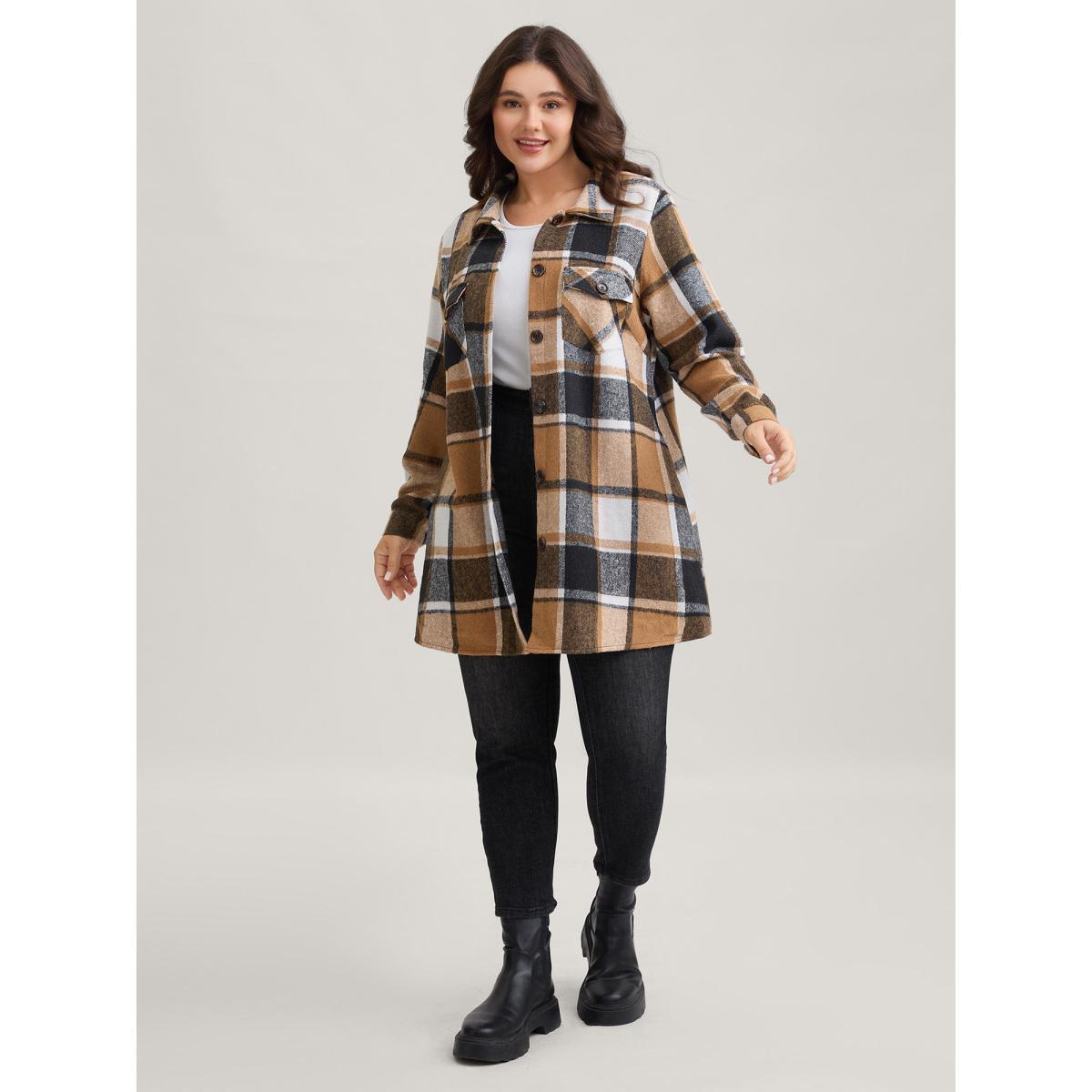 Plus Size Plaid Chest Pockets Long Jacket Women Bronze Button Loose Side seam pocket Everyday Jackets BloomChic 18-20/2X Product Image