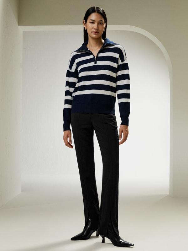 LILYSILK Wool Women's Sweaters Camel with Black Stripes Merino Wool Comfortable Dropped-Shoulder Sweater S Product Image