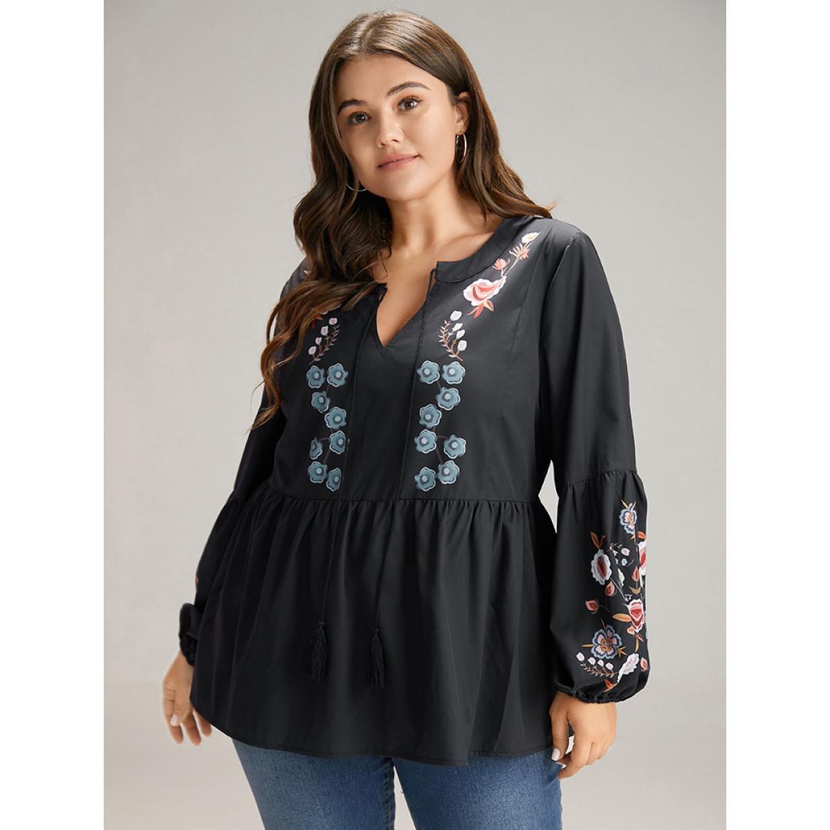 Plus Size Black Floral Print Tassels Knot Neck Lantern Sleeve Blouse Women Resort Long Sleeve Tie Neck Vacation Blouses BloomChic 30/6X Product Image