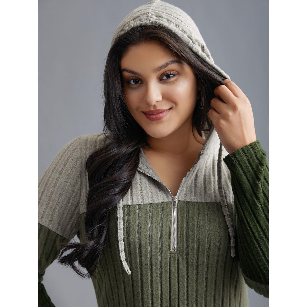Plus Size Hooded Half Zip Pit Strip Knit Dress ArmyGreen Women Casual Contrast Hooded Long Sleeve Curvy BloomChic 26/4X Product Image