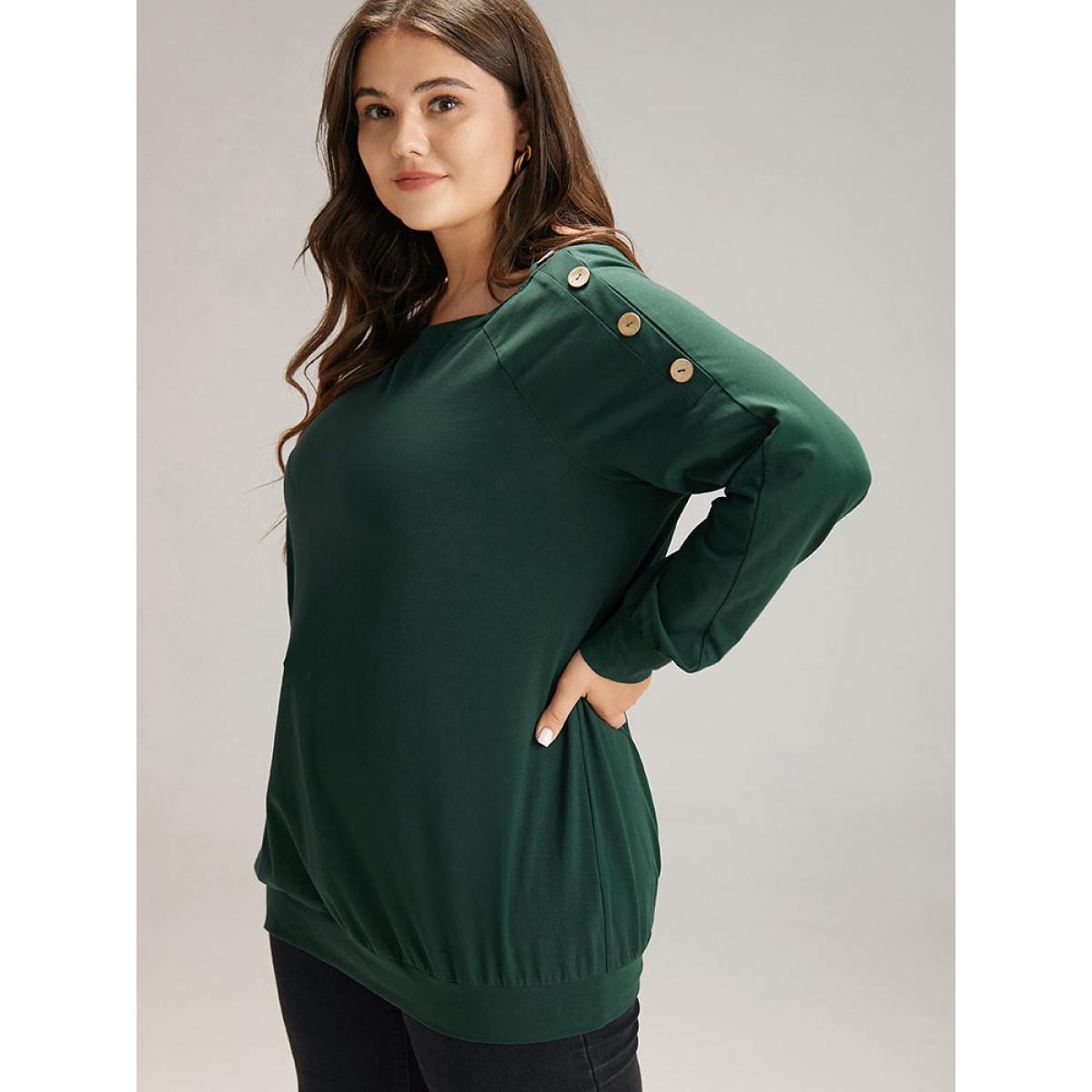 Plus Size Cotton Plain Button Detail Raglan Sleeve T-shirt DarkGreen Women Casual Plain Plain Round Neck Dailywear T-shirts BloomChic 10/M Product Image