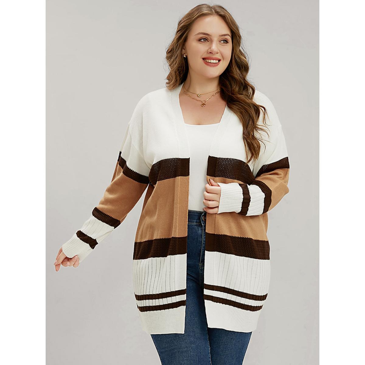 Plus Size Colorblock Contrast Pointelle Knit Eyelet Open Front Cardigan Multicolor Women Casual Loose Long Sleeve Dailywear Cardigans BloomChic 28/5X Product Image