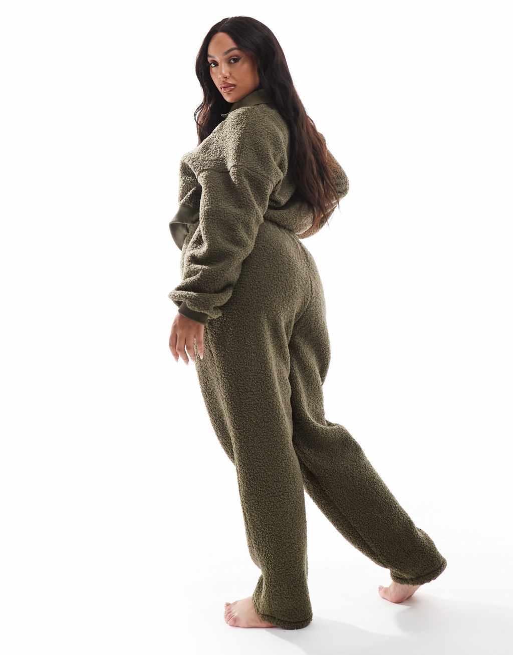 ASOS DESIGN Curve lounge teddy zip collar sweatshirt & tapered pants set in khaki Product Image