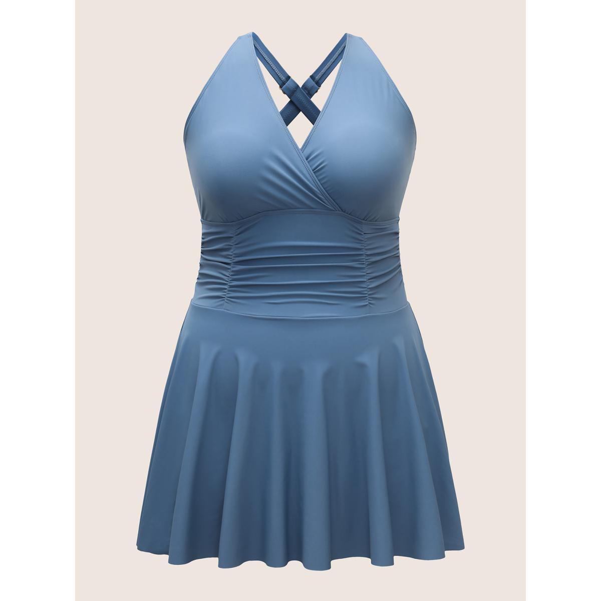 Plus Size Plain Overlap Collar Ruched Swim Dress Women's Swimwear Aegean Beach Bodycon Overlap Collar High stretch Curve Swim Dresses BloomChic 12/L Product Image