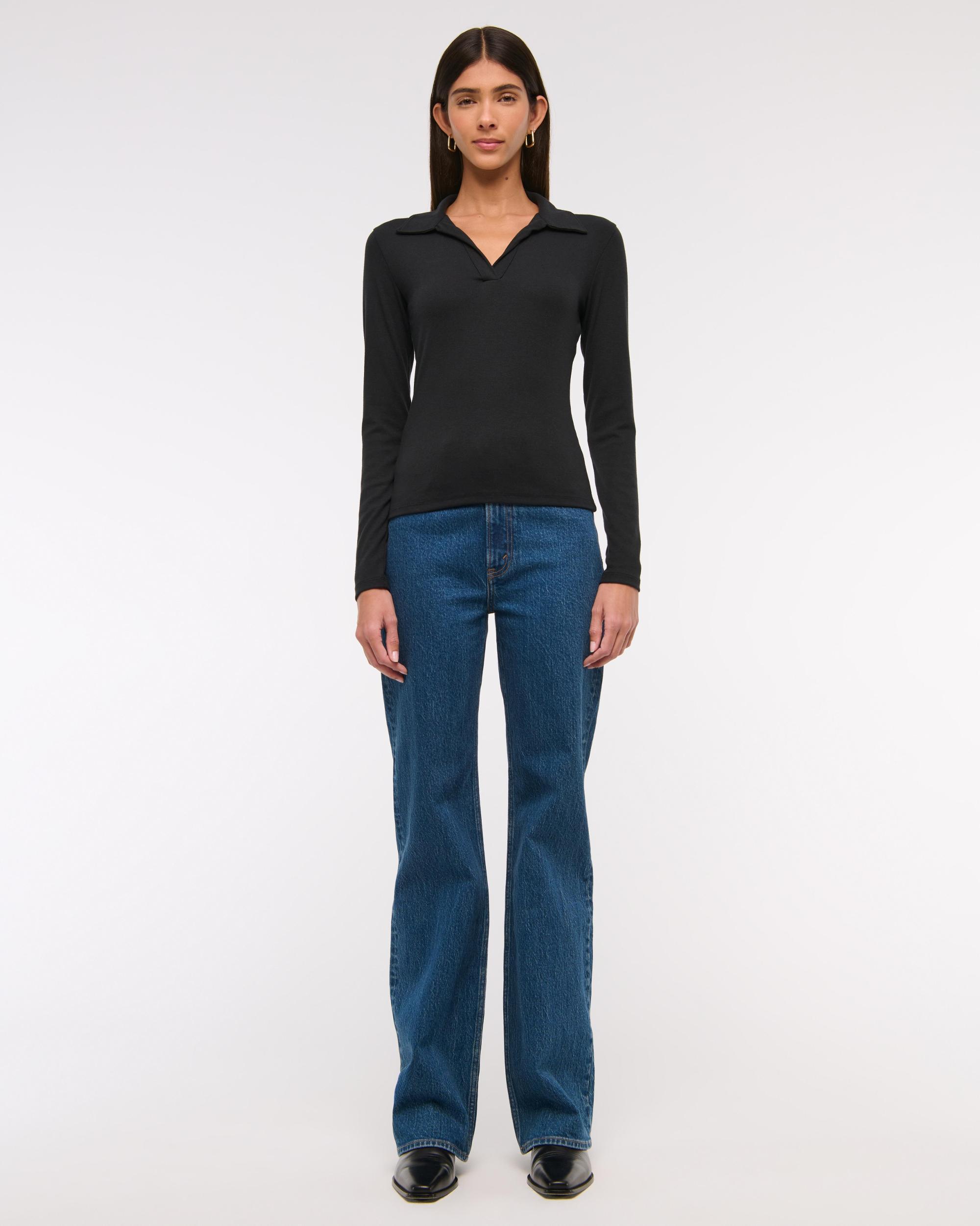 Long-Sleeve V-Neck Collared Top Product Image