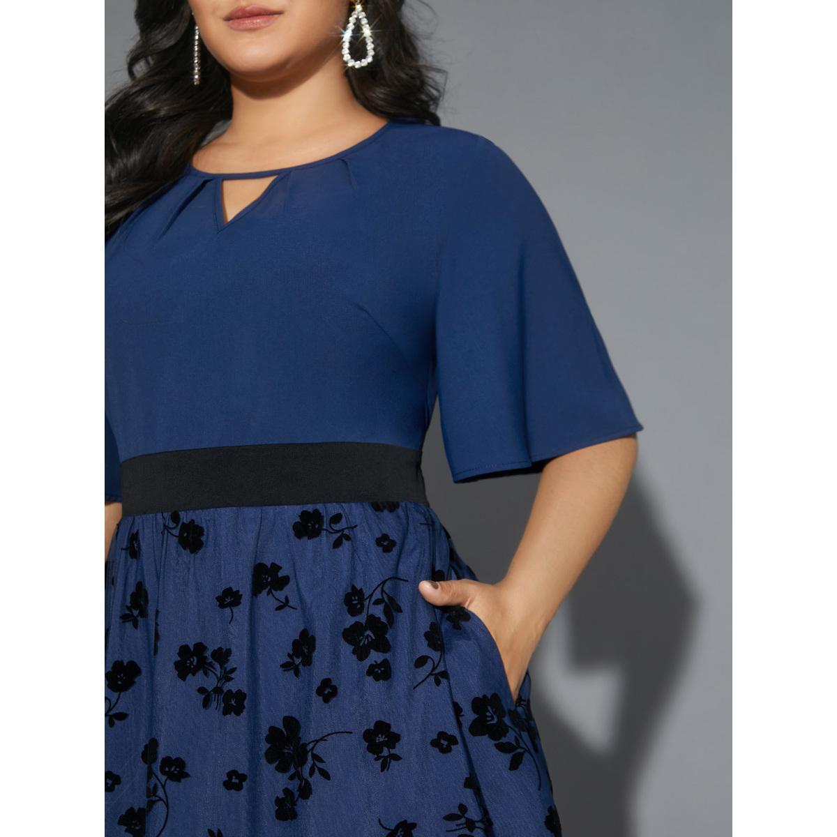 Plus Size Floral Embroidered Mesh keyhole Dress Aegean Women Cocktail Texture Round Neck Half Sleeve Curvy BloomChic 18-20/2X Product Image