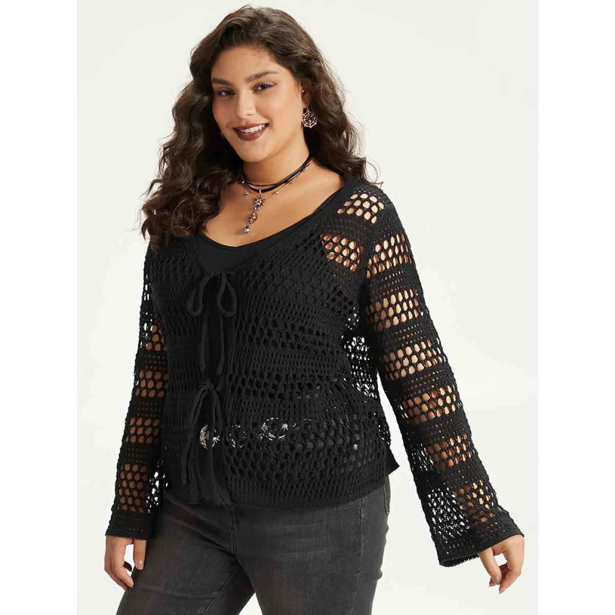 Plus Size Halloween Plain Hollow Out Ties Open Front Cardigan Black Women Casual Loose Long Sleeve Festival-Halloween Cardigans BloomChic 22-24/3X Product Image