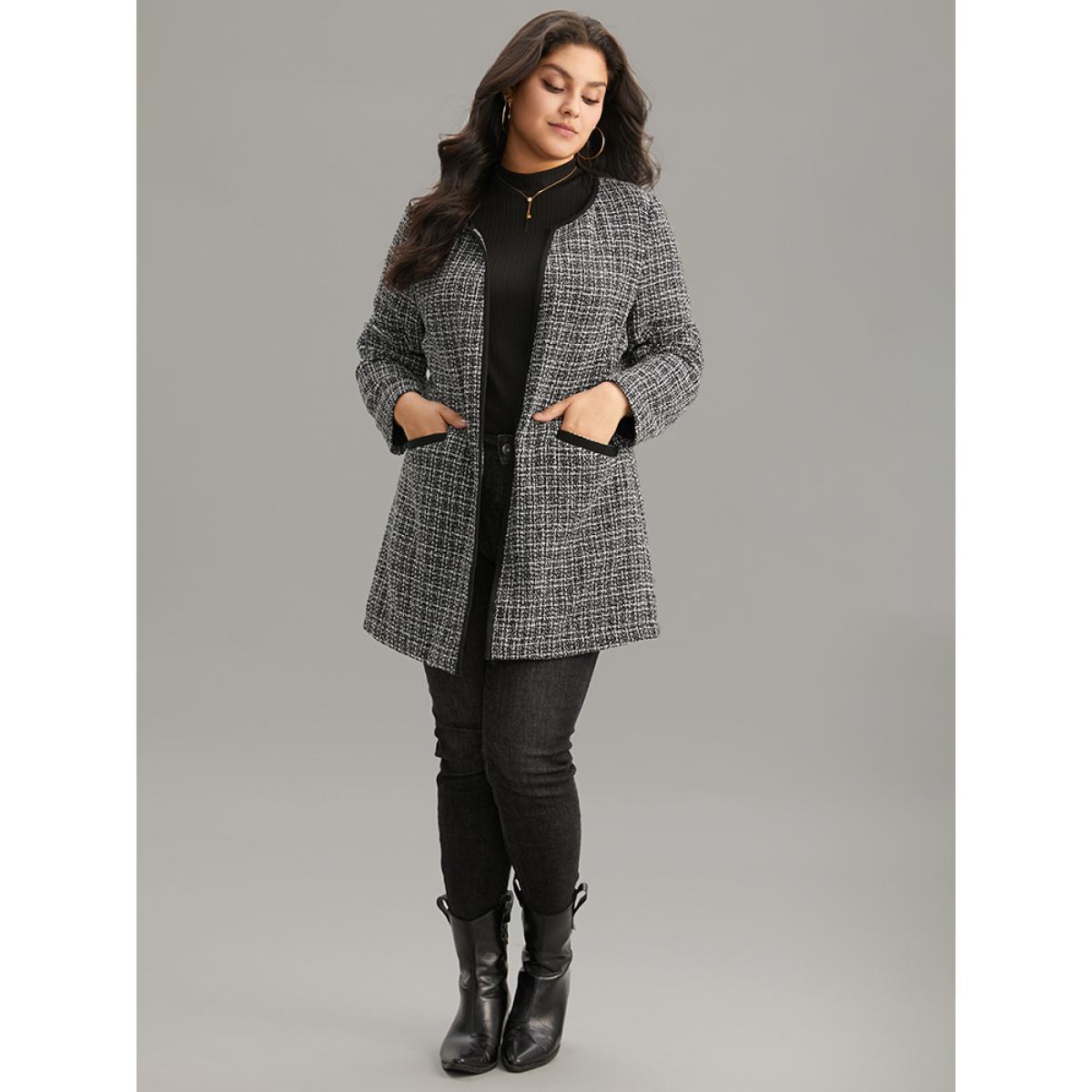 Plus Size Tweed Patchwork Open Front Pocket Coat Women Black Casual Texture Ladies Dailywear Winter Coats BloomChic 10/M Product Image