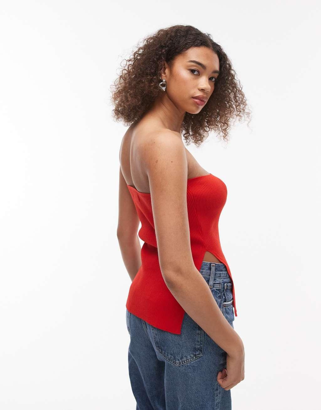 Topshop knit bandeau top in red Product Image