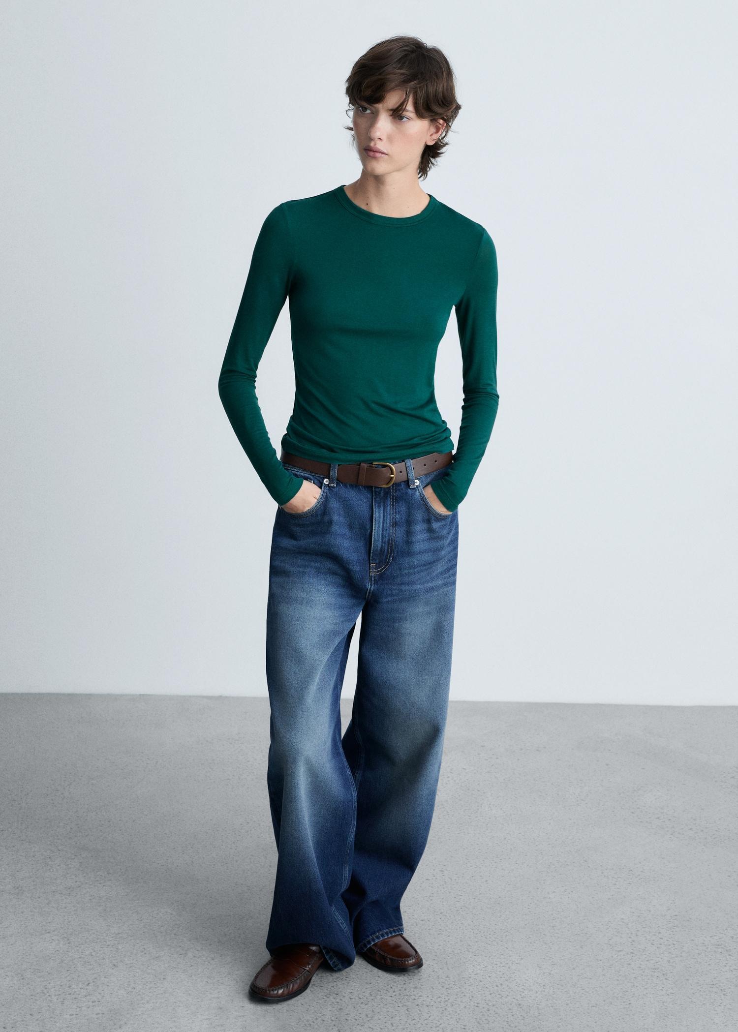 Round-neck long-sleeved t-shirt - Women | MANGO USA Product Image
