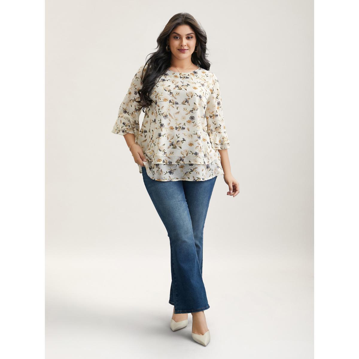 Plus Size Ivory Chiffon Floral Print Layered Blouse Women Elegant Elbow-length sleeve Round Neck Everyday Blouses BloomChic 22-24/3X Product Image