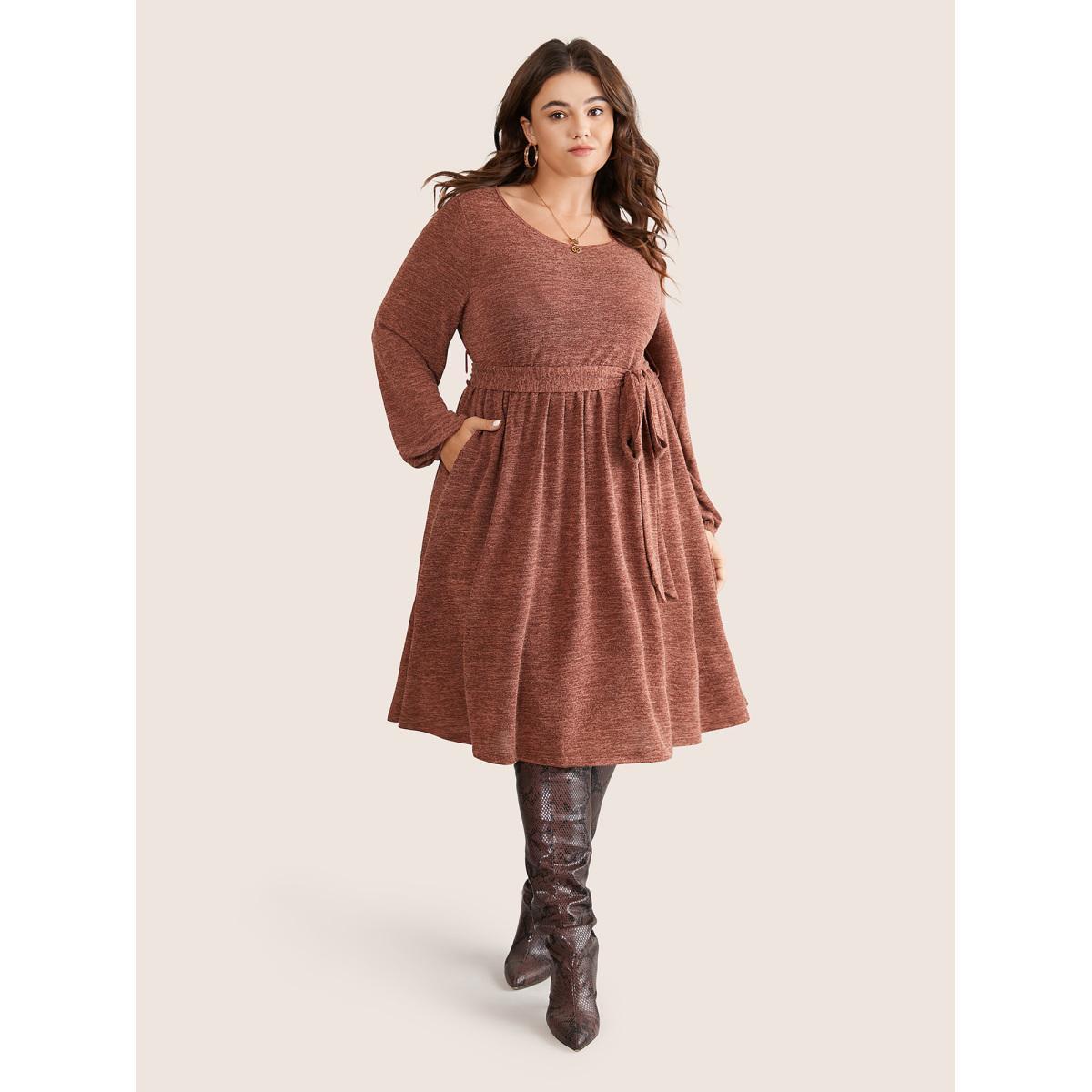 Plus Size Solid Belted Elastic Cuffs Jacquard Dress Rust Women Casual Elastic cuffs Round Neck Long Sleeve Curvy Midi Dress BloomChic 28/5X Product Image