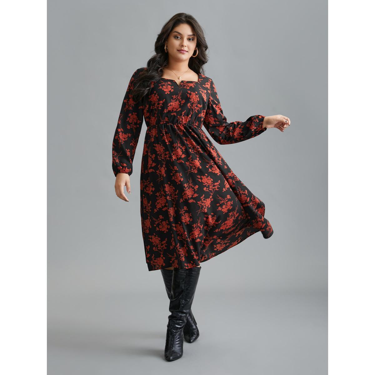 Plus Size Silhouette Floral Print Notched Dress Black Women Elegant Non Notched collar Long Sleeve Curvy BloomChic 28/5X Product Image
