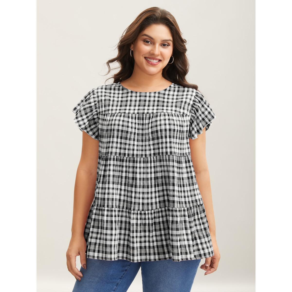 Plus Size Black Plaid Print Textured Lotus Leaf Sleeve Shirt Women Casual Cap Sleeve Round Neck Everyday Blouses BloomChic 14-16/1X Product Image