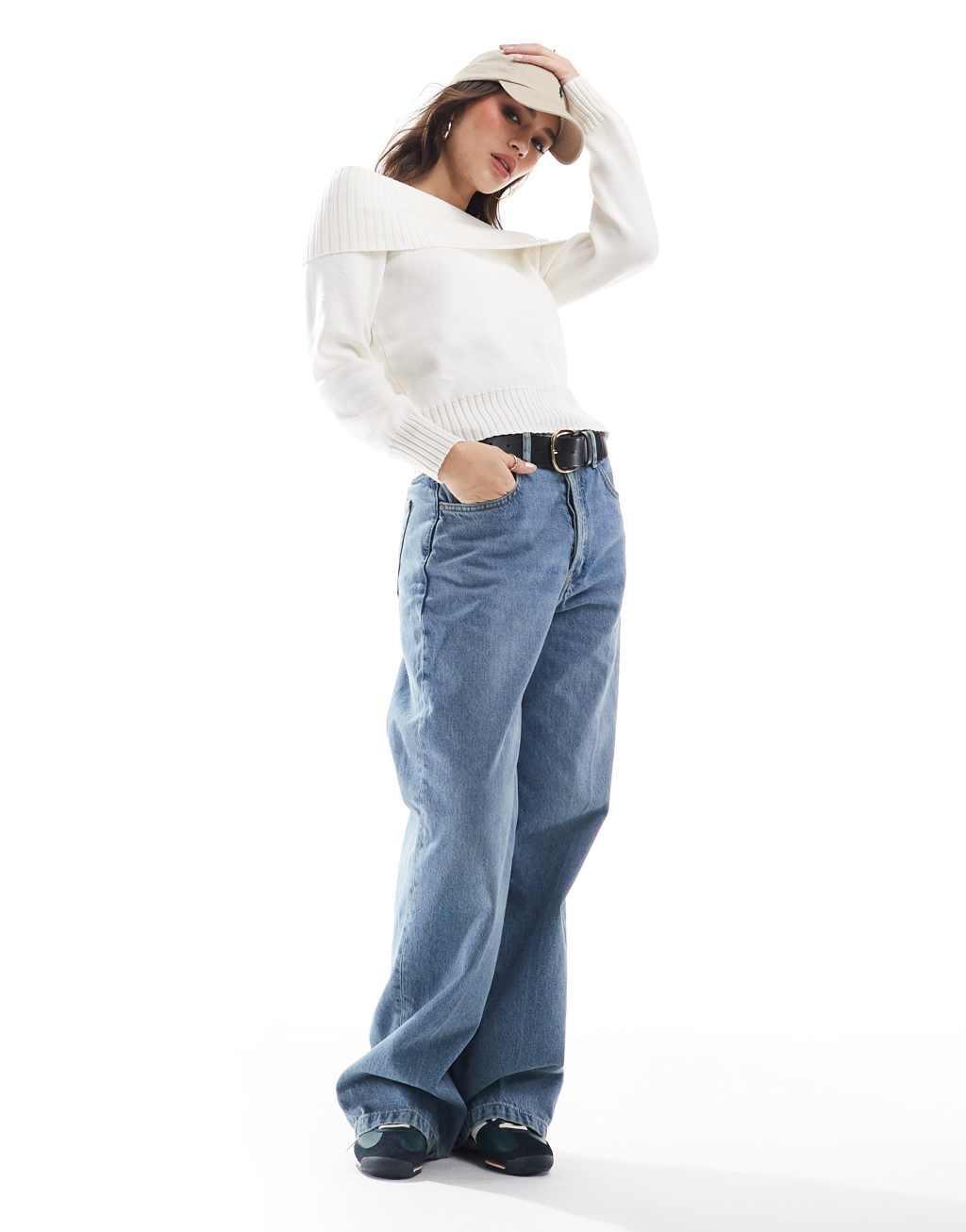 Stradivarius off-the-shoulder knit top in ecru Product Image