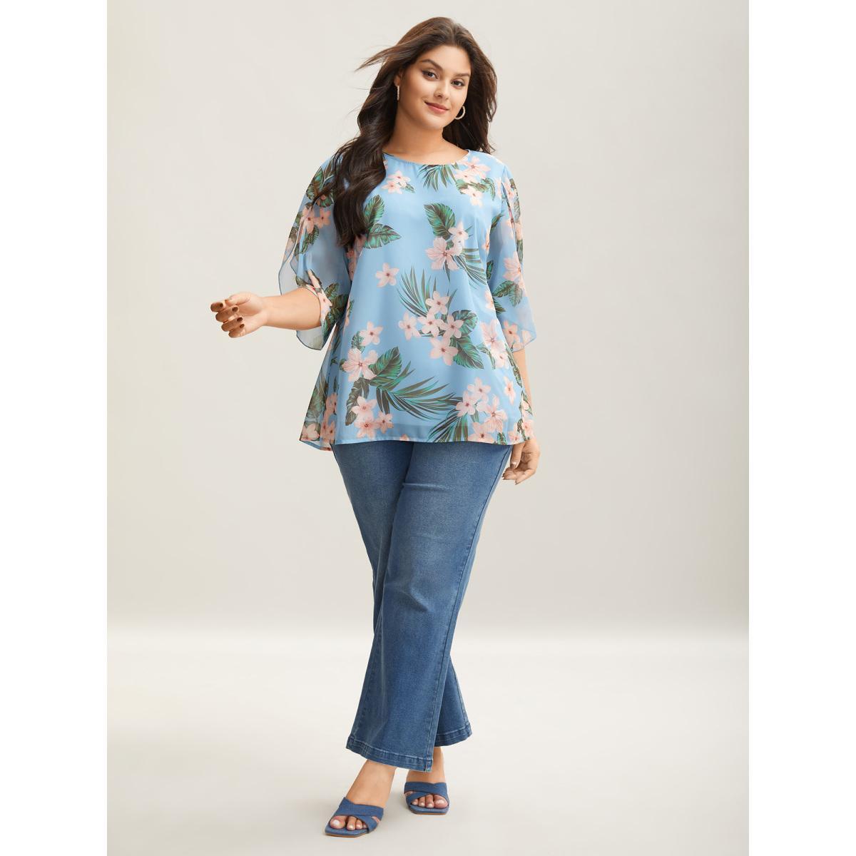 Plus Size LightBlue Petal Sleeve Floral Round Neck Shirt Women Elegant Elbow-length sleeve Round Neck Everyday Blouses BloomChic 10/M Product Image
