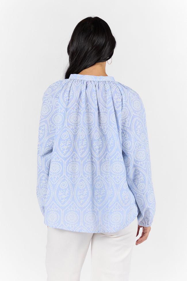 Downtown Delight Blue Embroidered Woven Button Down Blouse SALE Product Image