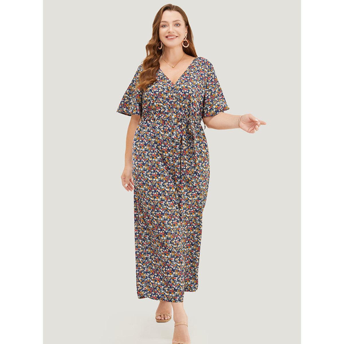 Plus Size DarkBlue Ditsy Floral Flutter Sleeve Pocket Belted Wrap Jumpsuit Women Elegant Short sleeve V-neck Dailywear Loose Jumpsuits BloomChic 30/6X Product Image