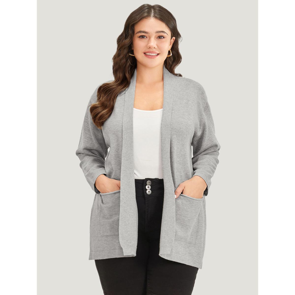 Plus Size Supersoft Essentials Plain Lapel Collar Patched Pocket Cardigan DarkGray Women Basics Loose Long Sleeve Everyday Cardigans BloomChic 30/6X Product Image