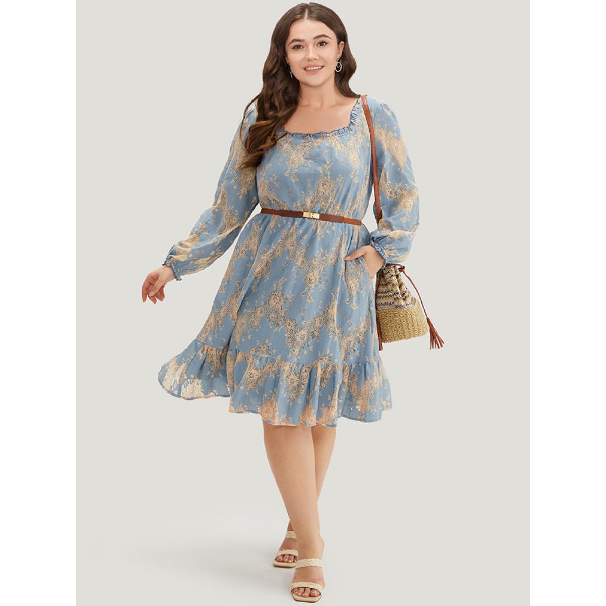 Plus Size Contrast Lace Panel Frill Trim Lantern Sleeve Dress Aegean Women Vacation Elastic cuffs Square Neck Long Sleeve Curvy Midi Dress BloomChic 10/M Product Image
