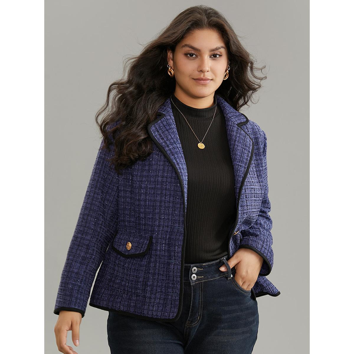 Plus Size Tweed Suit Collar Button Up Flap Pocket Blazer Women Indigo Elegant Lined Ladies Everyday Winter Coats BloomChic 22-24/3X Product Image