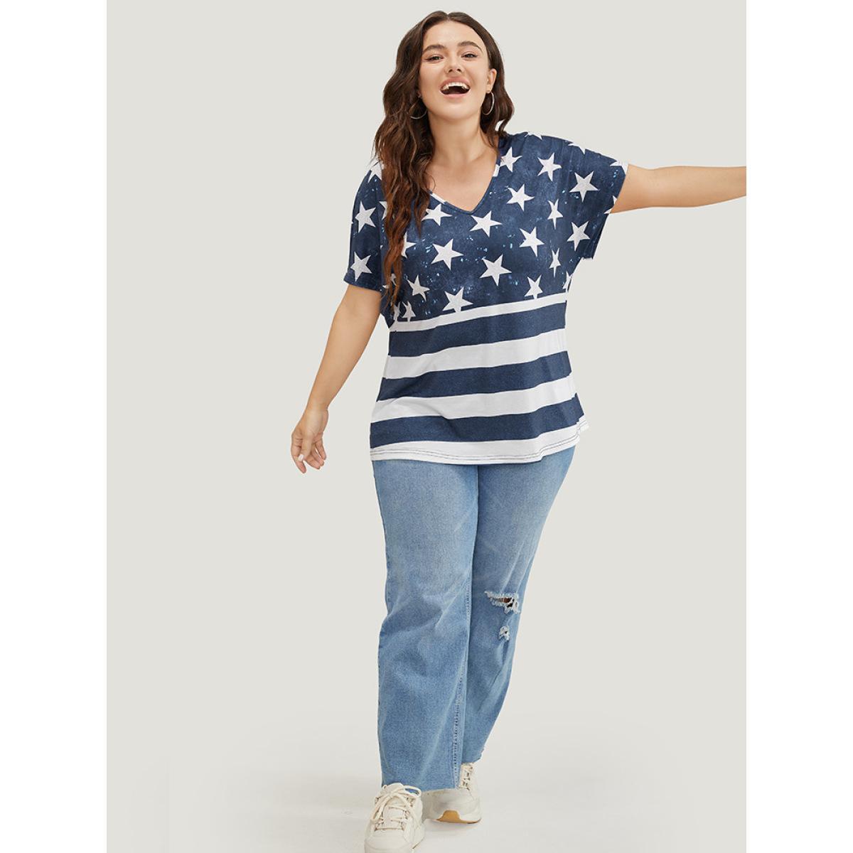 Plus Size Star & Striped Print Batwing Sleeve T-shirt Indigo Women Casual Moon and Star V-neck Everyday T-shirts BloomChic 26/4X Product Image