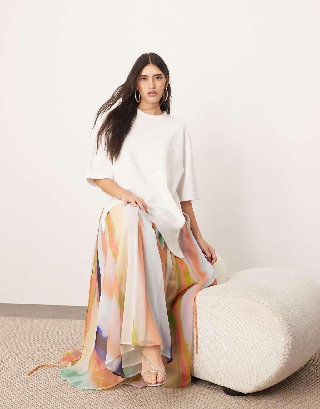 ARRANGE tiered maxi skirt with tie waist in blurred stripe Product Image