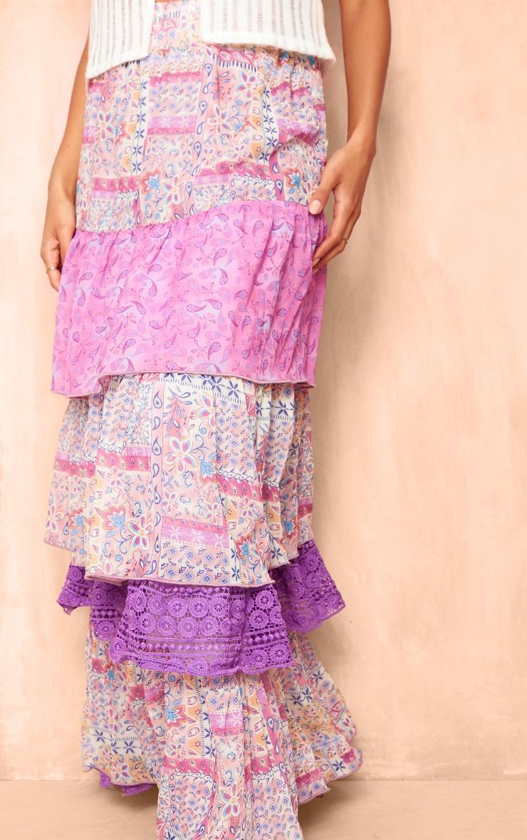 Purple Paisley Print Chiffon Tiered Maxi Skirt Product Image