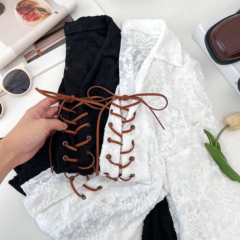 Flower Embroidered Lace-Up Lace Shirt Product Image