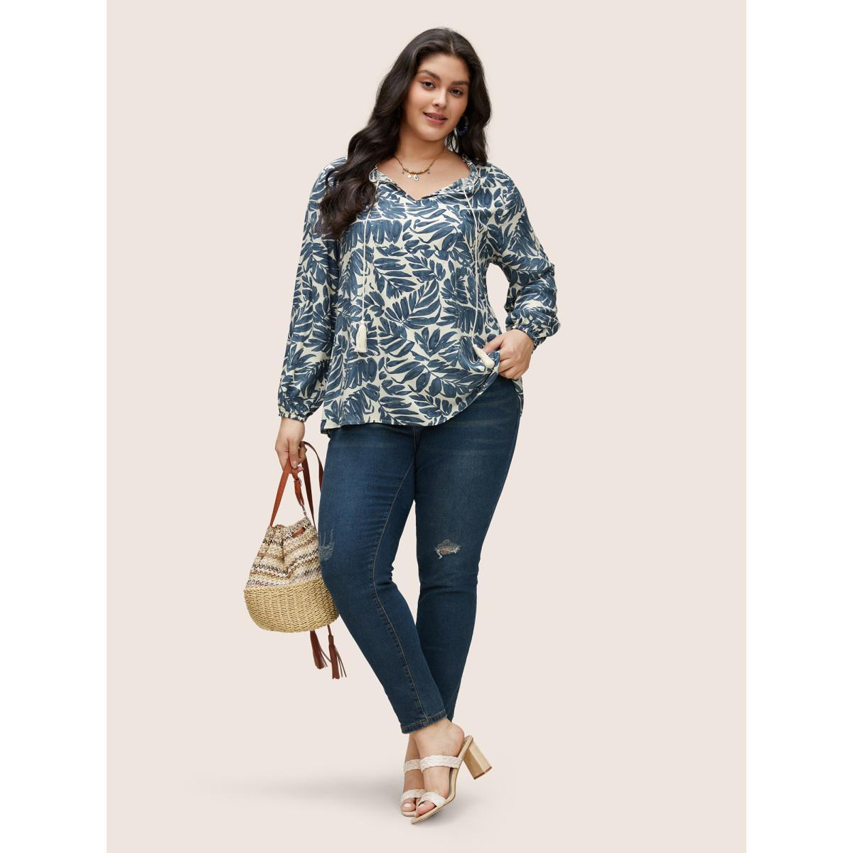 Plus Size Apricot Plants Tassel Trim Tie Neck Rayon Blouse Women Resort Long Sleeve Notched collar Vacation Blouses BloomChic 22-24/3X Product Image