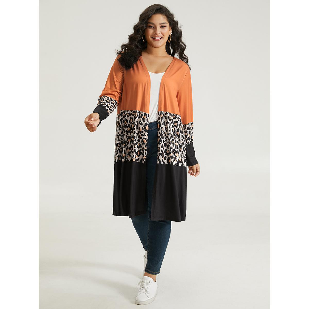 Plus Size Halloween Leopard Print Contrast Open Front Kimono Women Multicolor Casual Contrast Dailywear Kimonos BloomChic 10/M Product Image