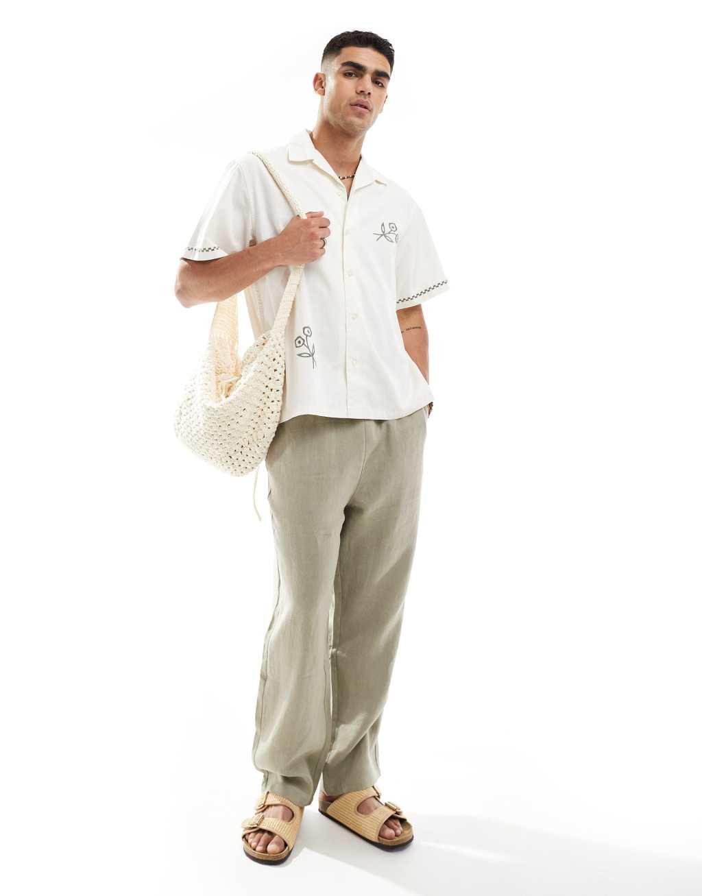 Selected Homme revere collar shirt with green floral print in cream  Product Image